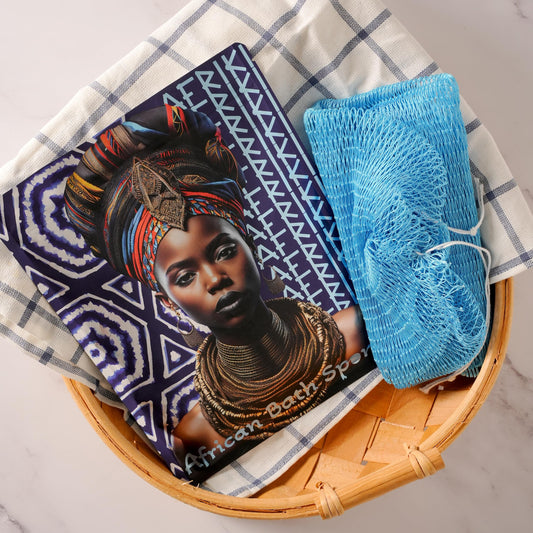 AFRIKI African Net Sponge, Authentic African Exfoliating Sponge, Black Owned, Back Scrubber, 45inch Long, for Normal to Sensitive Skin, for Daily use, Sky Collection
