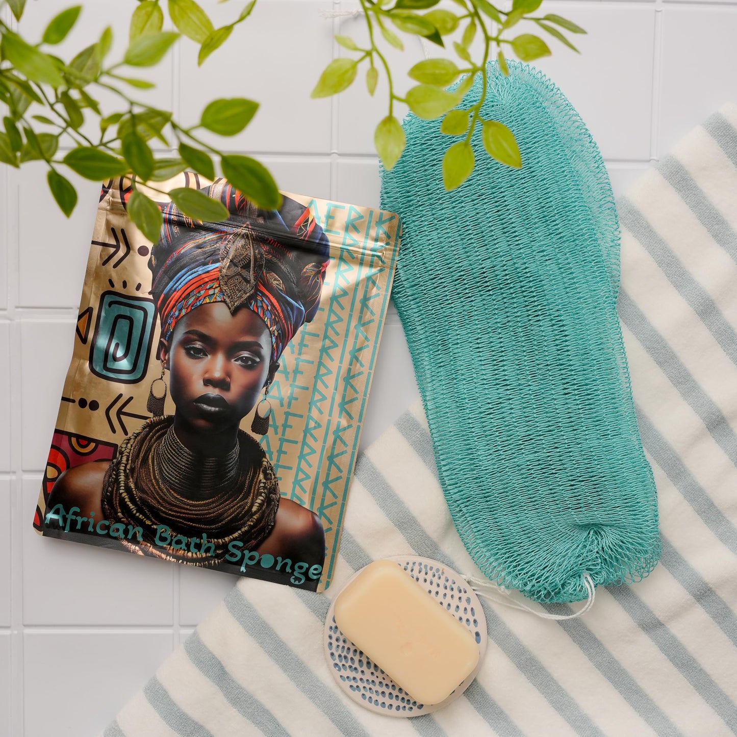 AFRIKI African Net Sponge, Authentic African Exfoliating Sponge, Black Owned, Back Scrubber, 45inch Long, for Normal to Sensitive Skin, for Daily use, Sky Collection