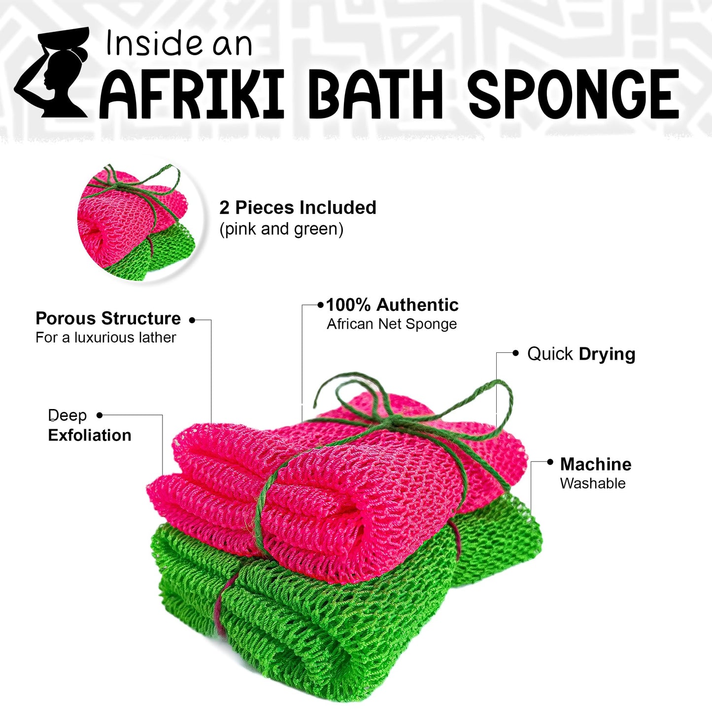 AFRIKI African Net Sponge, African Exfoliating Sponge, Black Owned, Exfoliating Washcloth, Body Exfoliator for Bath and Shower, Back Scrubber, Dead Skin Remover