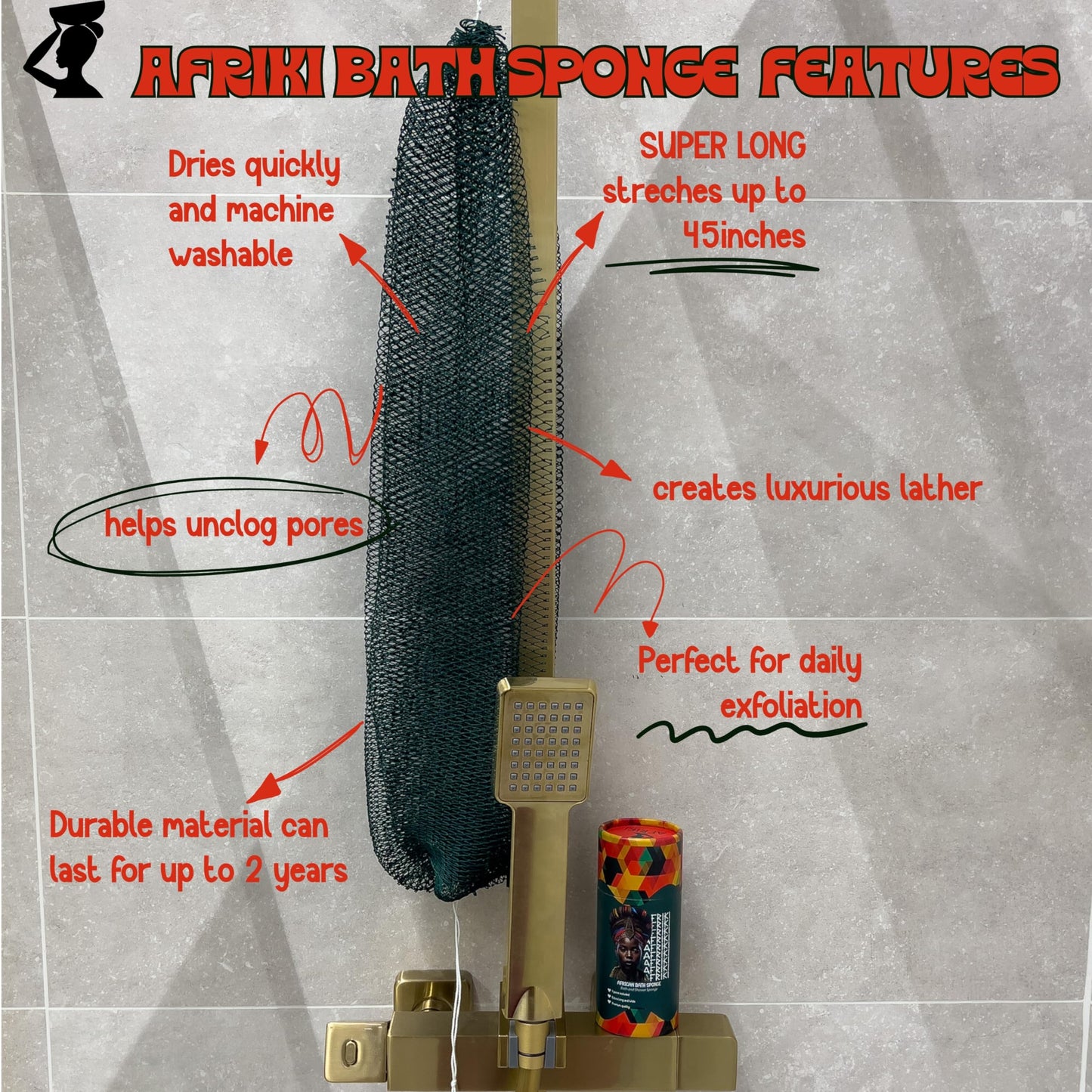 AFRIKI African Net Sponge, Authentic African Exfoliating Sponge, Black Owned, Back Scrubber, 45 inch Long for Normal to Sensitive Skin, for Daily use, Original Collection