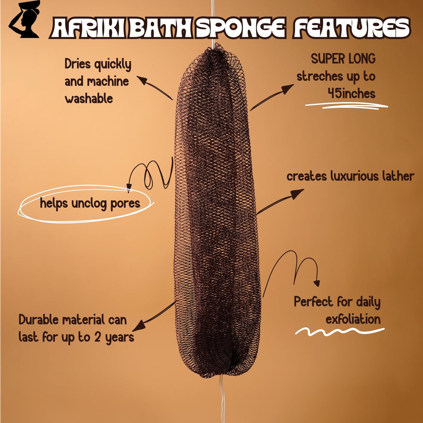 AFRIKI African Net Sponge, Authentic African Exfoliating Sponge, Black Owned, Back Scrubber, 45 inch Long for Normal to Sensitive Skin, for Daily use, Earth Collection