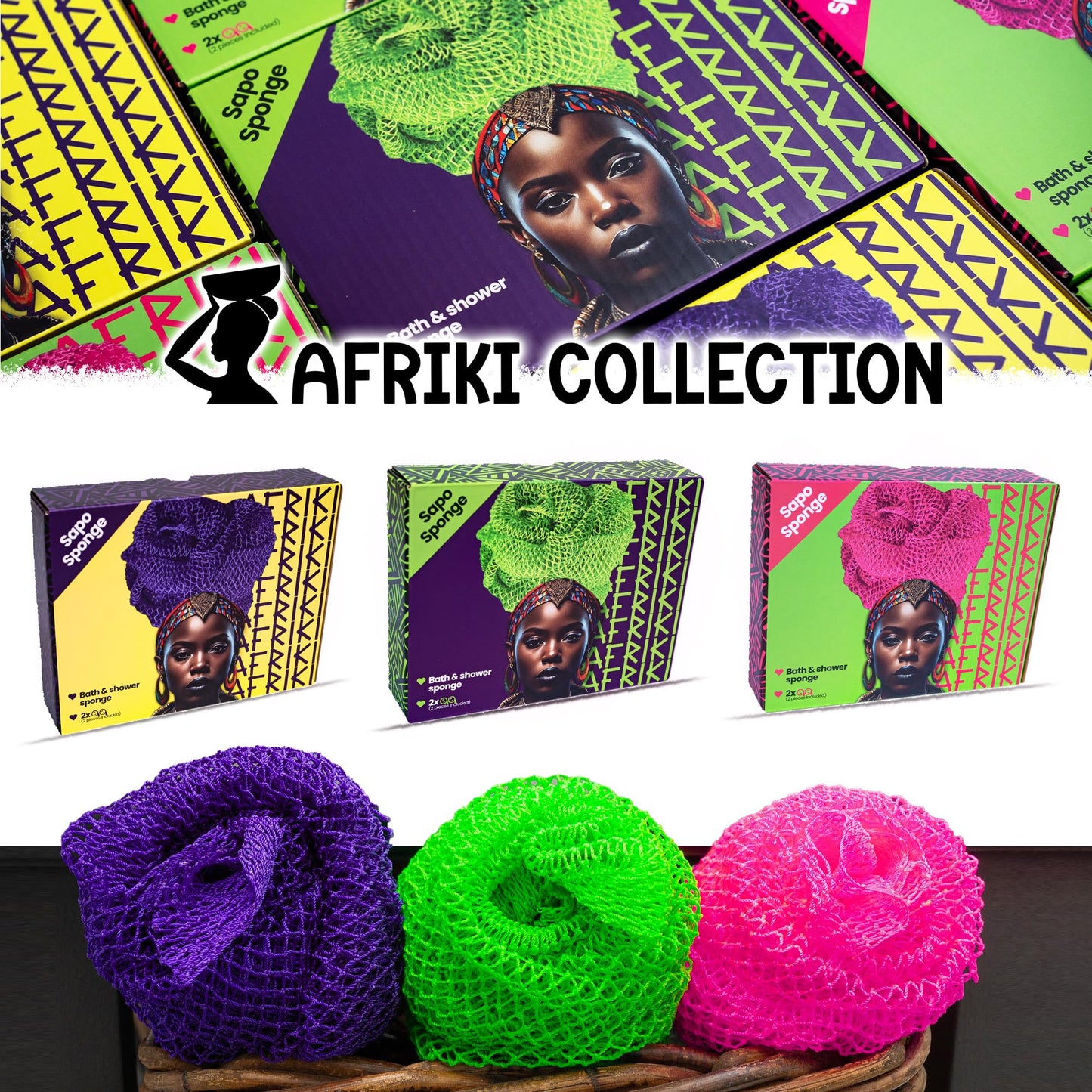 AFRIKI African Net Sponge, African Exfoliating Sponge, Black Owned, Exfoliating Washcloth, Body Exfoliator for Bath and Shower, Back Scrubber, Dead Skin Remover