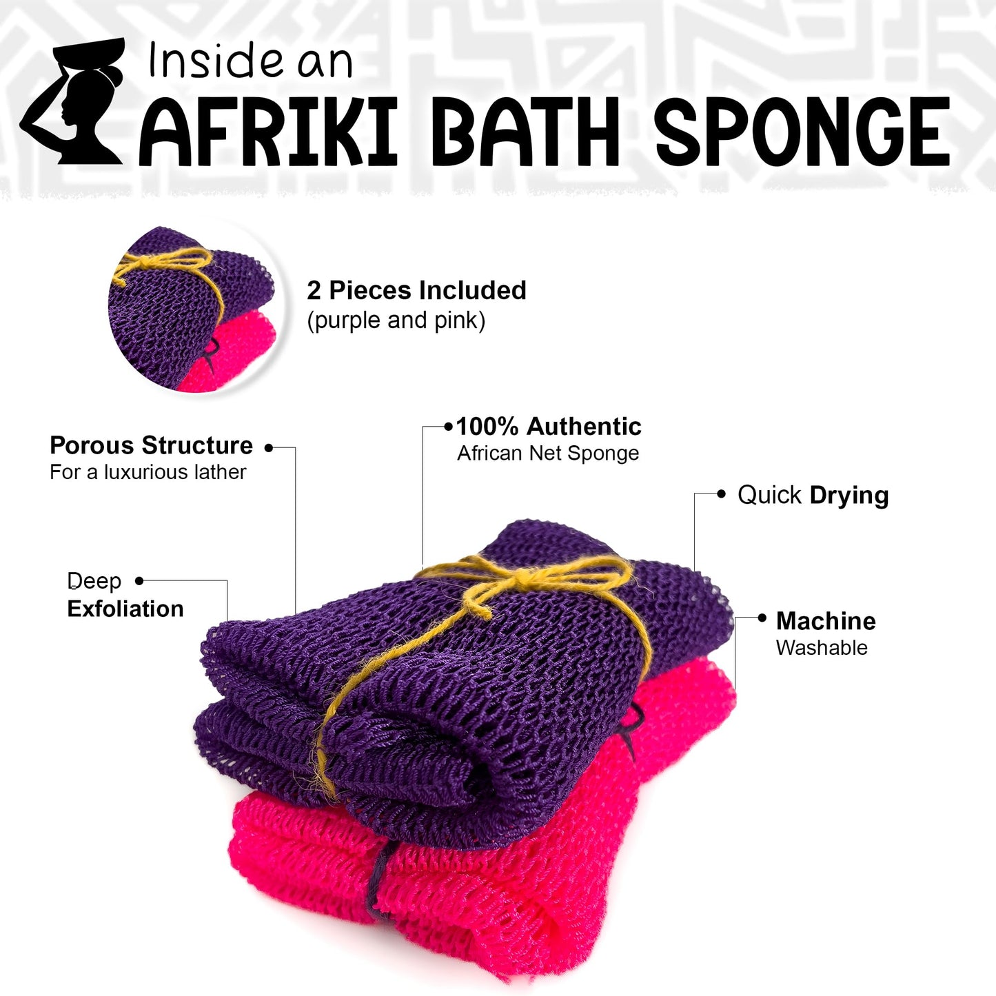 AFRIKI African Net Sponge, African Exfoliating Sponge, Black Owned, Exfoliating Washcloth, Body Exfoliator for Bath and Shower, Back Scrubber, Dead Skin Remover