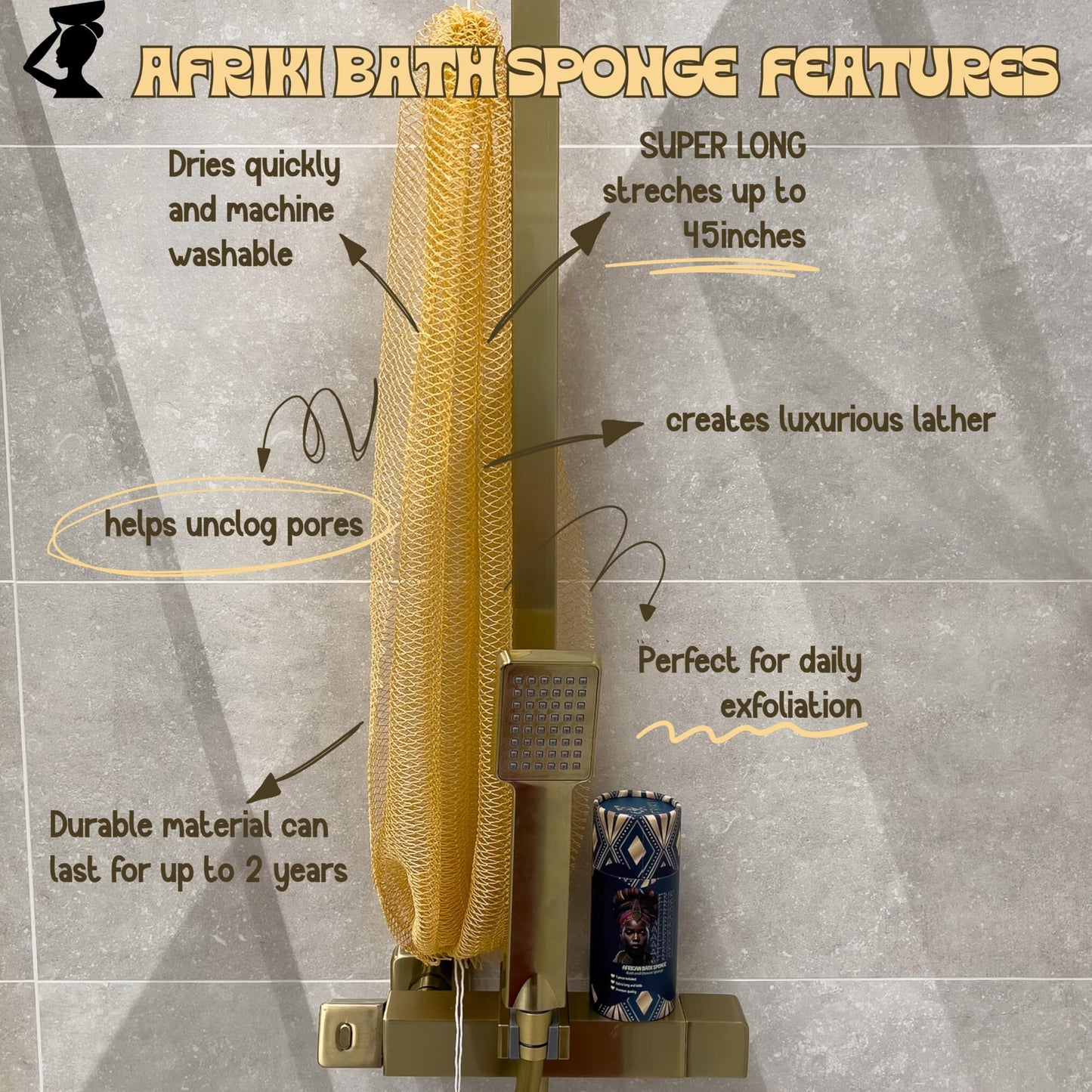 AFRIKI African Net Sponge, Authentic African Exfoliating Sponge, Black Owned, Back Scrubber, 45 inch Long for Normal to Sensitive Skin, for Daily use, Original Collection