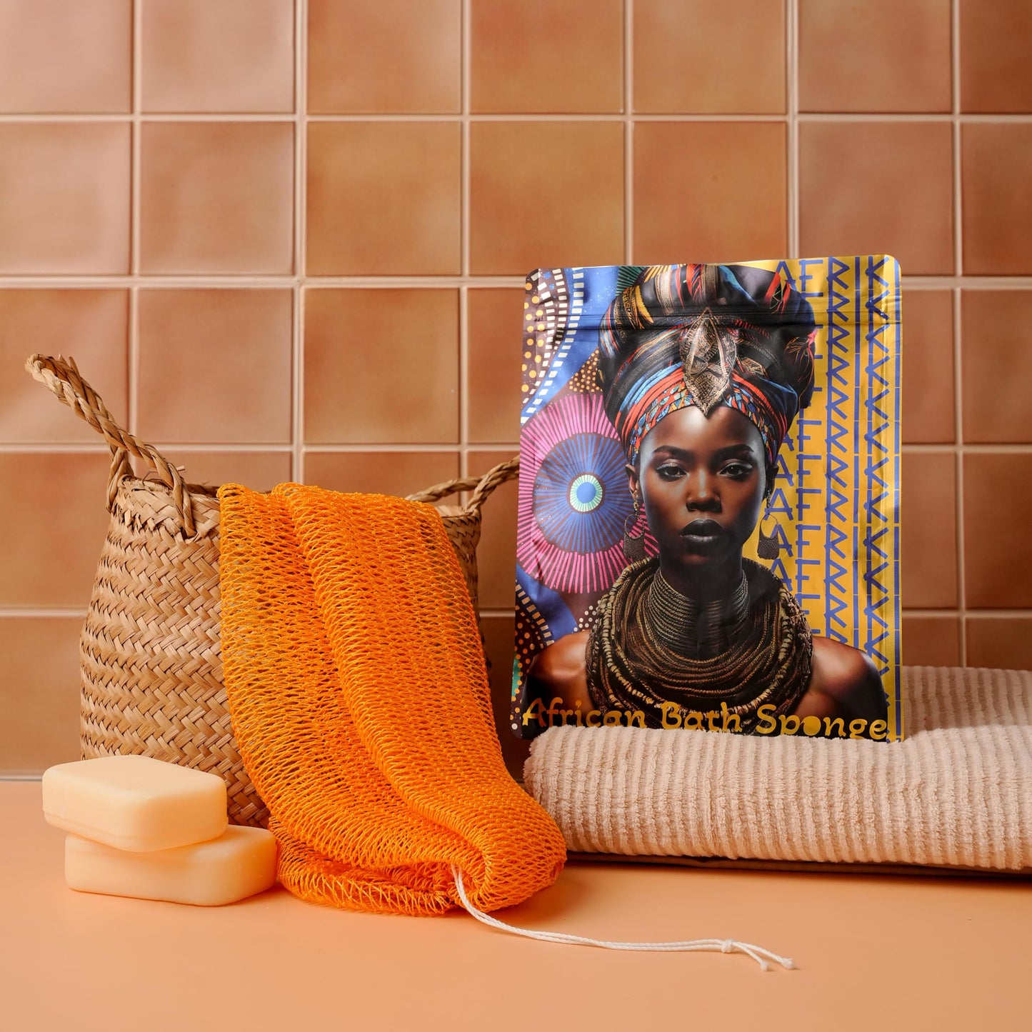 AFRIKI African Net Sponge, Authentic African Exfoliating Sponge, Black Owned, Back Scrubber, 45 inch Long for Normal to Sensitive Skin, for Daily use, Earth Collection
