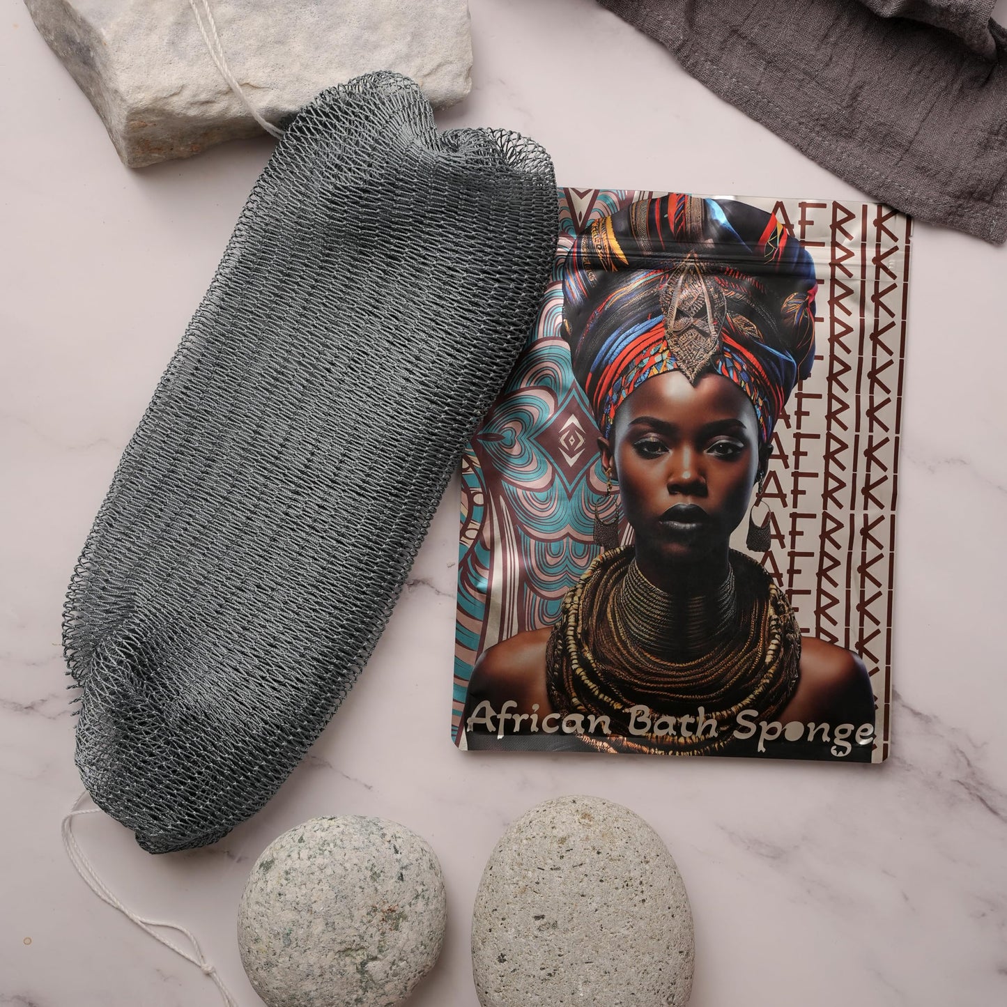 AFRIKI African Net Sponge, Authentic African Exfoliating Sponge, Black Owned, Back Scrubber, 45 inch Long for Normal to Sensitive Skin, for Daily use, Earth Collection