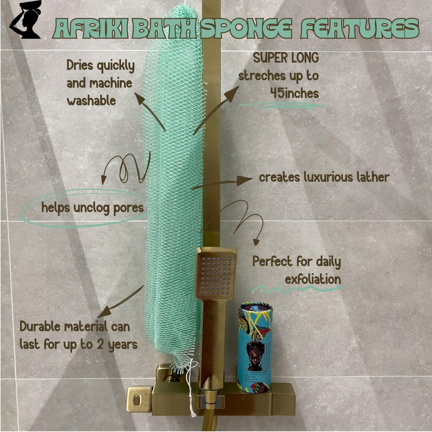 AFRIKI African Net Sponge, Authentic African Exfoliating Sponge, Black Owned, Back Scrubber, 45 inch Long for Normal to Sensitive Skin, for Daily use, Original Collection