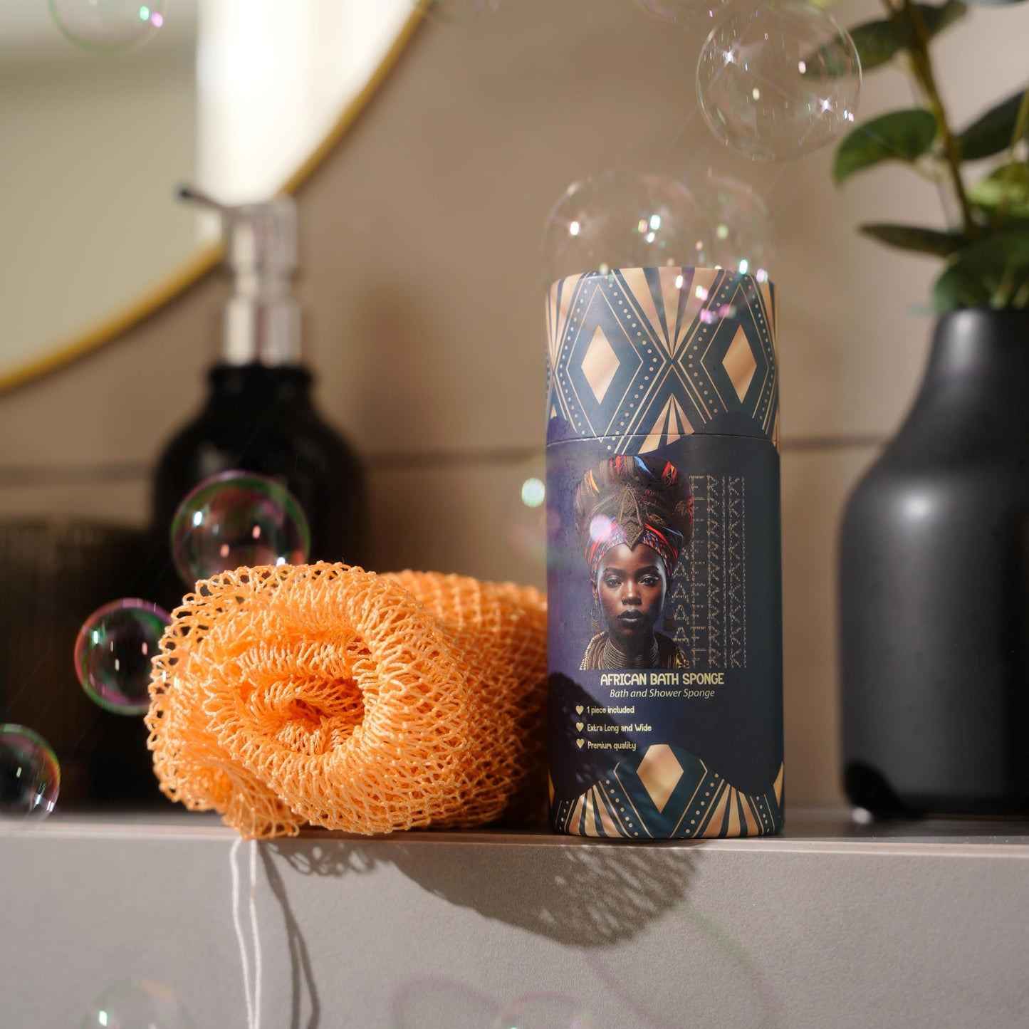AFRIKI African Net Sponge, Authentic African Exfoliating Sponge, Black Owned, Back Scrubber, 45 inch Long for Normal to Sensitive Skin, for Daily use, Original Collection