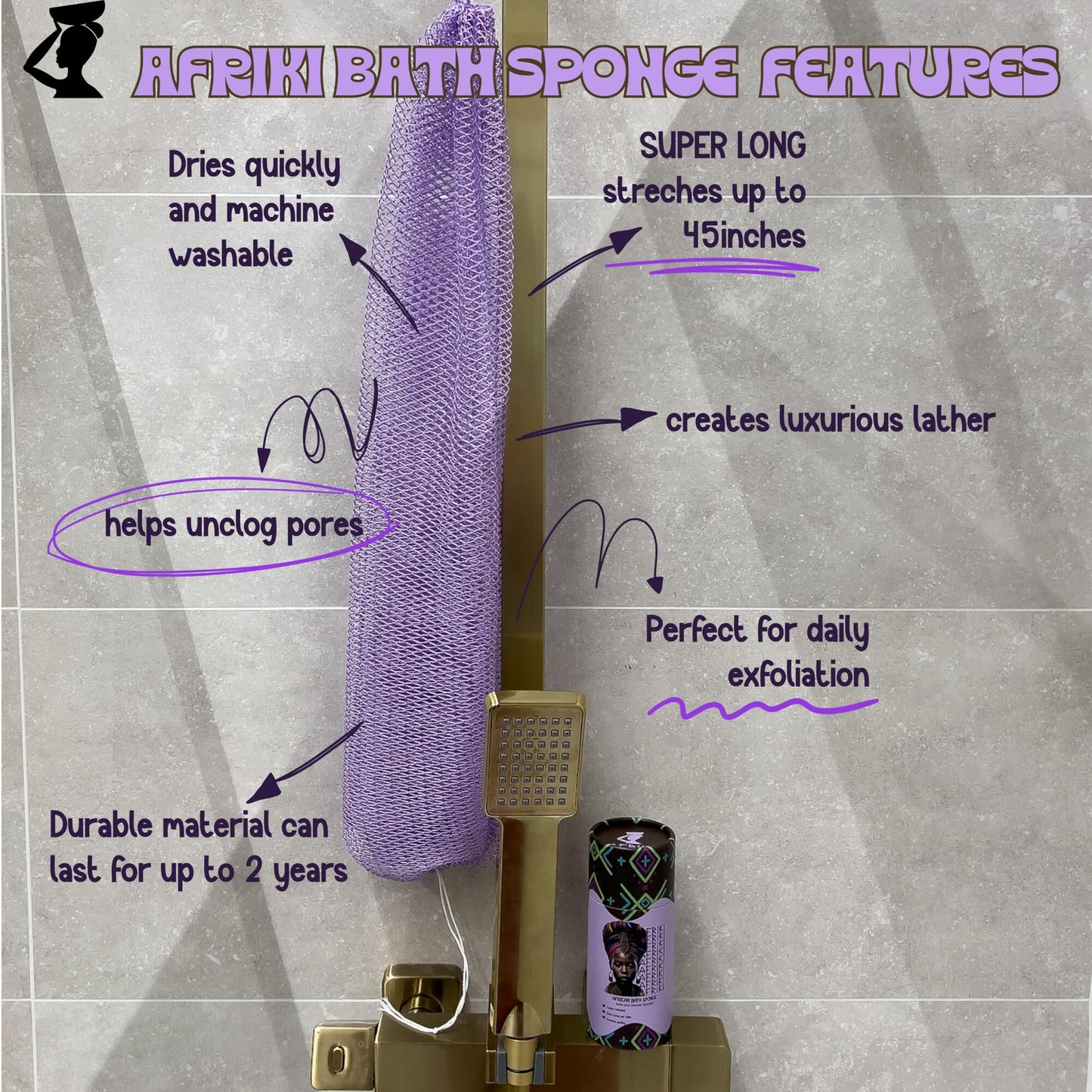 AFRIKI African Net Sponge, Authentic African Exfoliating Sponge, Black Owned, Back Scrubber, 45 inch Long for Normal to Sensitive Skin, for Daily use, Original Collection