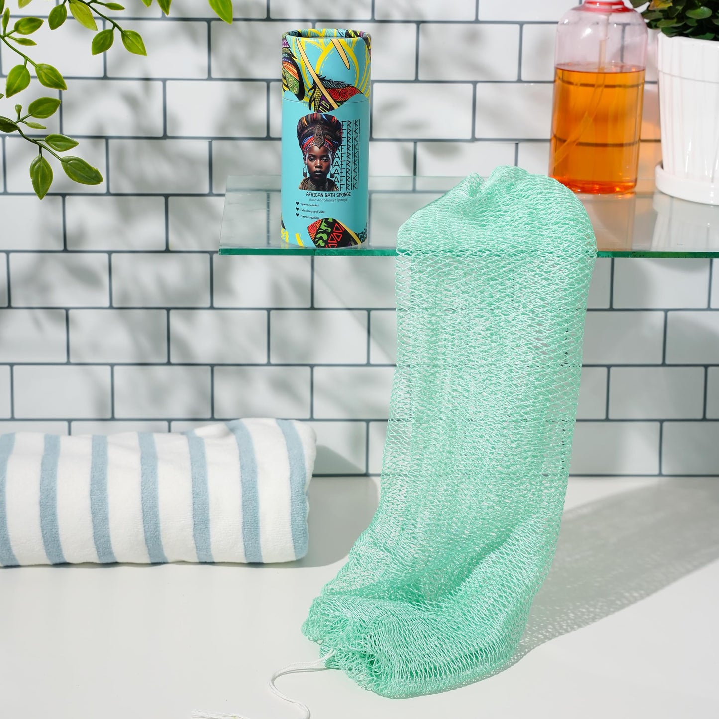 AFRIKI African Net Sponge, Authentic African Exfoliating Sponge, Black Owned, Back Scrubber, 45 inch Long for Normal to Sensitive Skin, for Daily use, Original Collection