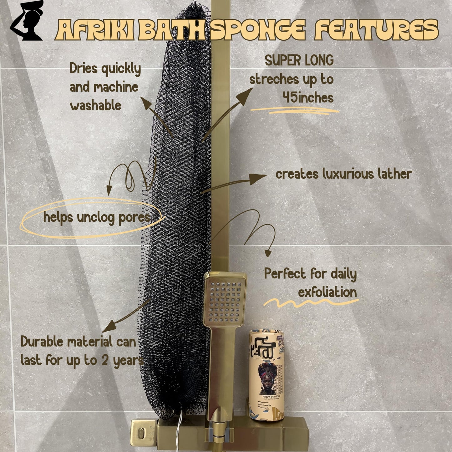 AFRIKI African Net Sponge, Authentic African Exfoliating Sponge, Black Owned, Back Scrubber, 45 inch Long for Normal to Sensitive Skin, for Daily use, Original Collection