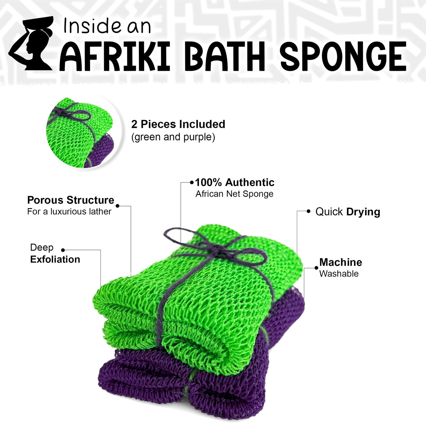 AFRIKI African Net Sponge, African Exfoliating Sponge, Black Owned, Exfoliating Washcloth, Body Exfoliator for Bath and Shower, Back Scrubber, Dead Skin Remover